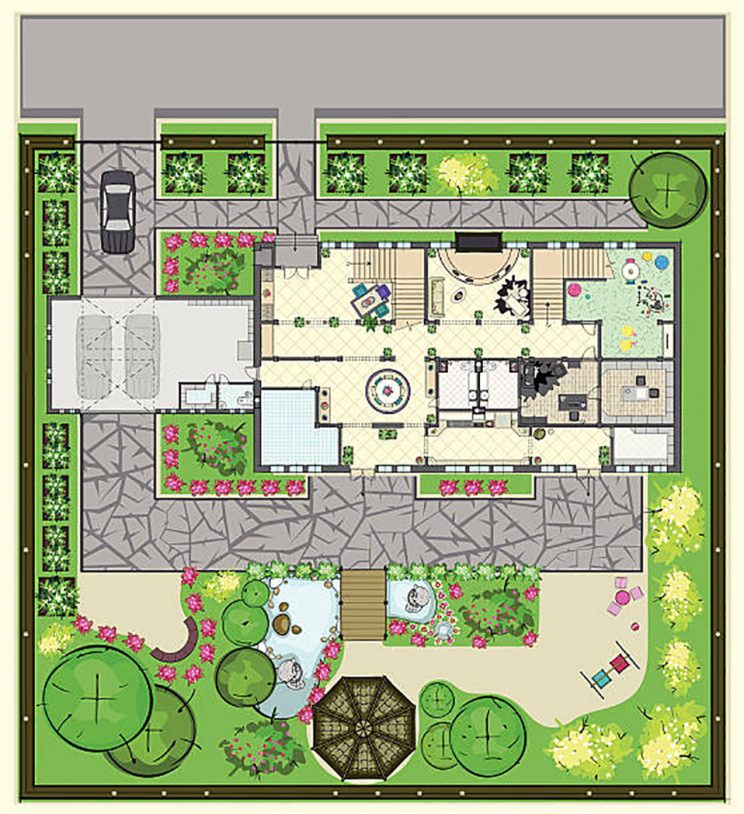 The Top plan of house with furnishings. Ground floor and gardening. Parking area, arbors, playground, lounge zones and ponds.